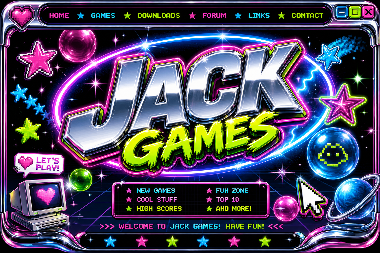 JACK GAMES — chrome Y2K banner with neon slime lettering